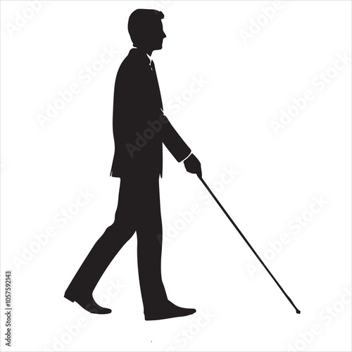 Silhouette of a blind man walking with a cane on a white background 