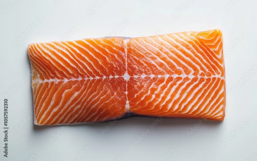 A detailed, high-quality photo of one raw salmon fillet captured from a top-down perspective on a plain white background. A detailed, high-quality photo of one raw salmon fillet captured from a top-down perspective on a plain white background.