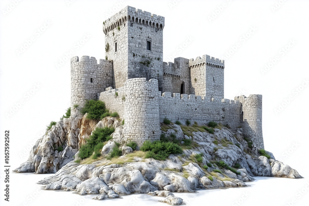 Medieval white stone castle fortress isolated on a white background. Medieval white stone castle fortress isolated on a white background.
