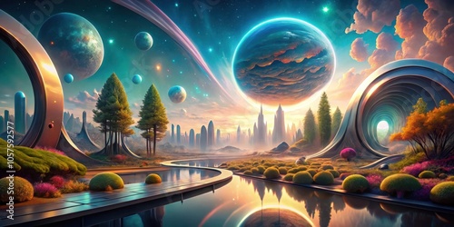 Futuristic Time Travel Landscape Visualization Concept for Surreal Art Projects photo