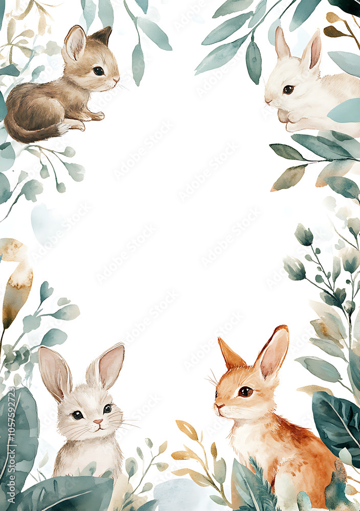 Fototapeta premium Playful bunnies surrounded by lush greenery create charming scene