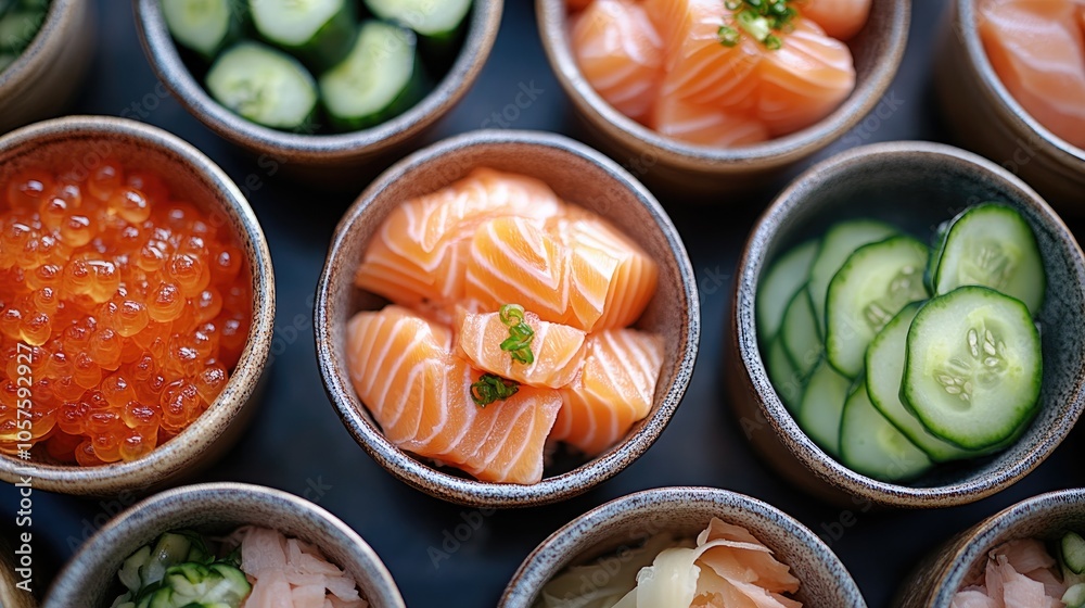 Sushi Variety Featuring Salmon and Cucumber Rolls Served in Elegant Ceramic Bowls Sushi Variety Featuring Salmon and Cucumber Rolls Served in Elegant Ceramic Bowls