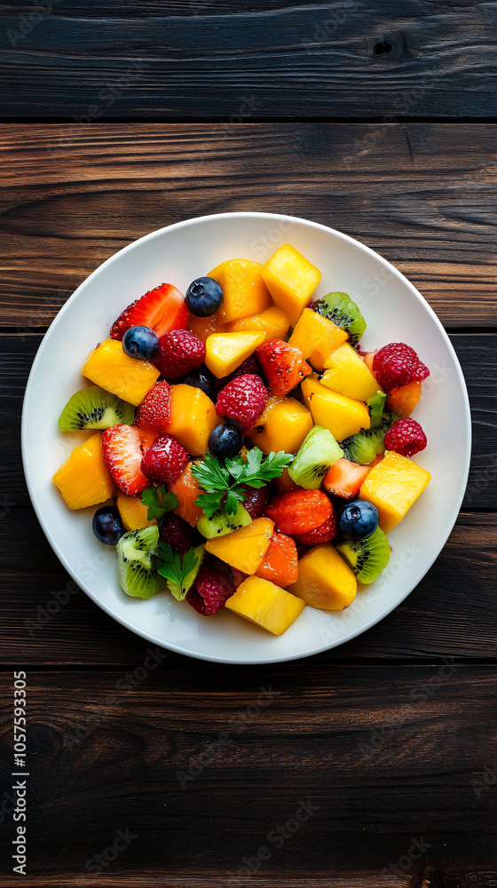 Chopped mango, kiwi, strawberry, blueberry, and raspberry on a white plate with a sprig of parsley, set on a dark wooden table Chopped mango, kiwi, strawberry, blueberry, and raspberry on a white plate with a sprig of parsley, set on a dark wooden table