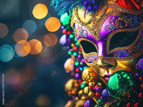 Vibrant, colorful carnival mask with intricate designs and bokeh lights in the background, capturing the essence of festive celebration and mystery.