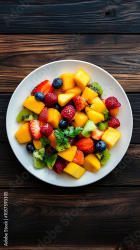 Chopped mango, kiwi, strawberry, blueberry, and raspberry on a white plate with a sprig of parsley, set on a dark wooden table