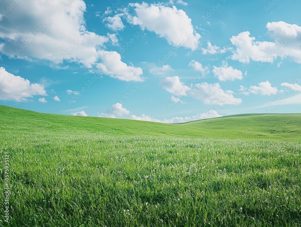 Obraz premium Serene landscape of rolling green hills under a bright blue sky with fluffy clouds, evoking peace and tranquility in nature.