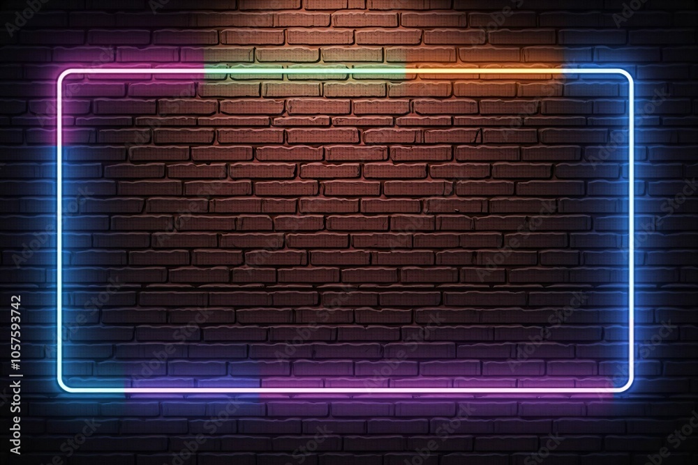 Colorful Neon Frame on Dark Brick Wall Background - Modern and Vibrant Urban Decor for Advertising and Design Colorful Neon Frame on Dark Brick Wall Background - Modern and Vibrant Urban Decor for Advertising and Design