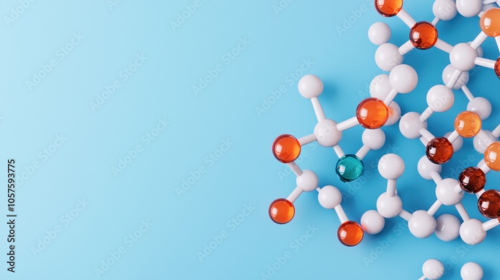 Cutting-edge drug discovery research concept. A visual representation of molecular structures in vibrant colors against a light blue background showcasing the elements of chemistry and science Cutting-edge drug discovery research concept. A visual representation of molecular structures in vibrant colors against a light blue background showcasing the elements of chemistry and science