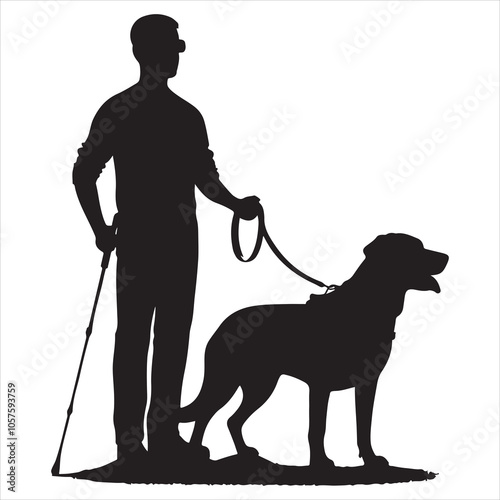 Silhouette of a blind man walking with a cane on a white background 