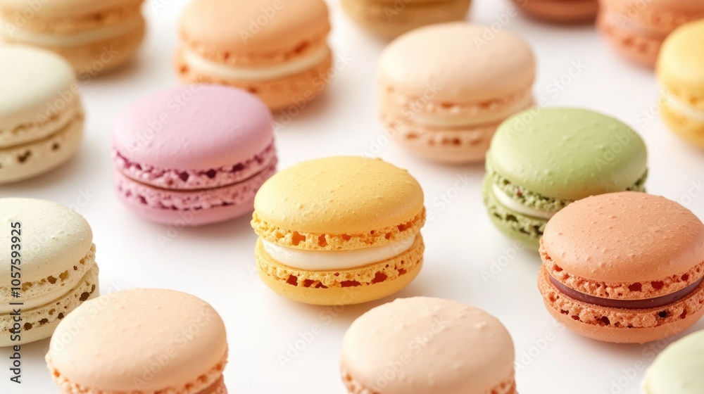 Obraz premium Colorful macarons on a white background These small French treats feature pastel shades offering sweet flavors of berries and vanilla with some bitten pieces showcased