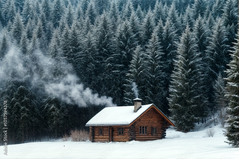 Winter landscape with a small wooden house in the forest with a snow-covered roof and smoke from a chimney Winter landscape with a small wooden house in the forest with a snow-covered roof and smoke from a chimney