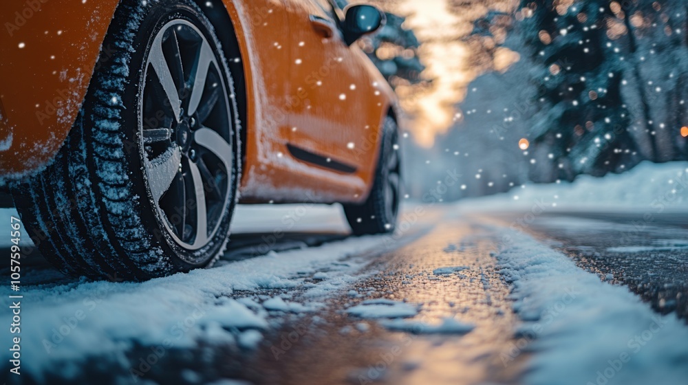 Naklejka premium Close-up of orange car tire on icy road, winter conditions, snow-covered surface, frost details, cold weather driving, vehicle traction, frozen landscape, seasonal road trip, safety