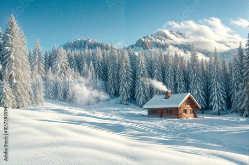 Winter landscape with a small wooden house in the forest with a snow-covered roof and smoke from a chimney