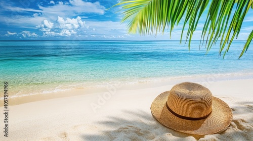 Tranquil beach setting featuring a straw hat on soft golden sand A vibrant palm leaf curves overhead while a clear blue sea extends to the horizon embodying the ideal tropical escape photo