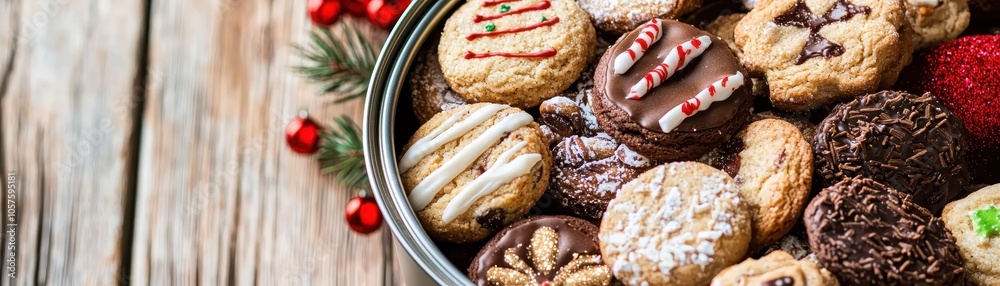 A festive arrangement of assorted holiday cookies in a decorative tin, perfect for a cozy seasonal treat on a wooden table. A festive arrangement of assorted holiday cookies in a decorative tin, perfect for a cozy seasonal treat on a wooden table.