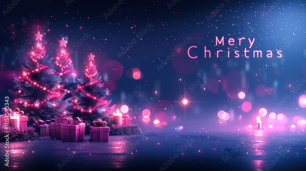 Naklejka premium A cheerful holiday image of decorated Christmas trees with twinkling lights and tinsel gift boxes, complemented by a