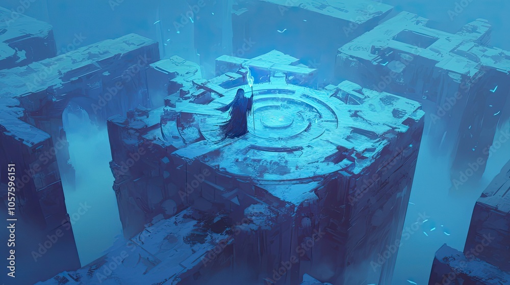 A lone figure stands atop a snow-covered platform in a mystical, blue-hued, geometric landscape. A lone figure stands atop a snow-covered platform in a mystical, blue-hued, geometric landscape.