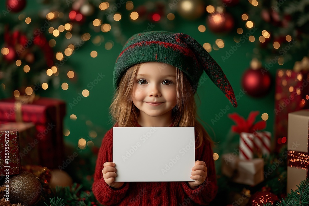 A cheerful child in a green elf hat holding a blank card, surrounded by Christmas decorations, gifts, and warm holiday lights, creating a festive and joyful atmosphere A cheerful child in a green elf hat holding a blank card, surrounded by Christmas decorations, gifts, and warm holiday lights, creating a festive and joyful atmosphere
