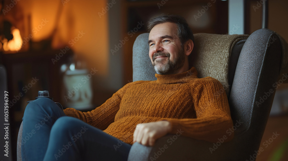 man sitting on sofa in cozy, warm home by the window, enjoying relaxed leisure indoors embracing autumn comfort and calm comfortable lifestyle in modern living room man sitting on sofa in cozy, warm home by the window, enjoying relaxed leisure indoors embracing autumn comfort and calm comfortable lifestyle in modern living room