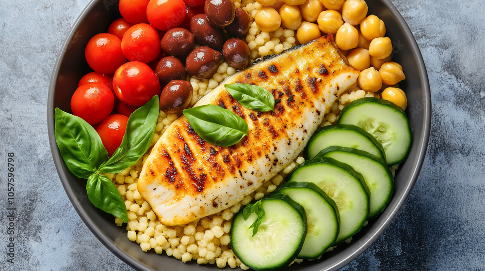 Mediterranean bowl with couscous, grilled fish, cucumber, olives, and cherry tomatoes, a healthy and delicious dish for lunch or dinner, featuring fresh vegetables, chickpeas, and protein-rich seafood Mediterranean bowl with couscous, grilled fish, cucumber, olives, and cherry tomatoes, a healthy and delicious dish for lunch or dinner, featuring fresh vegetables, chickpeas, and protein-rich seafood