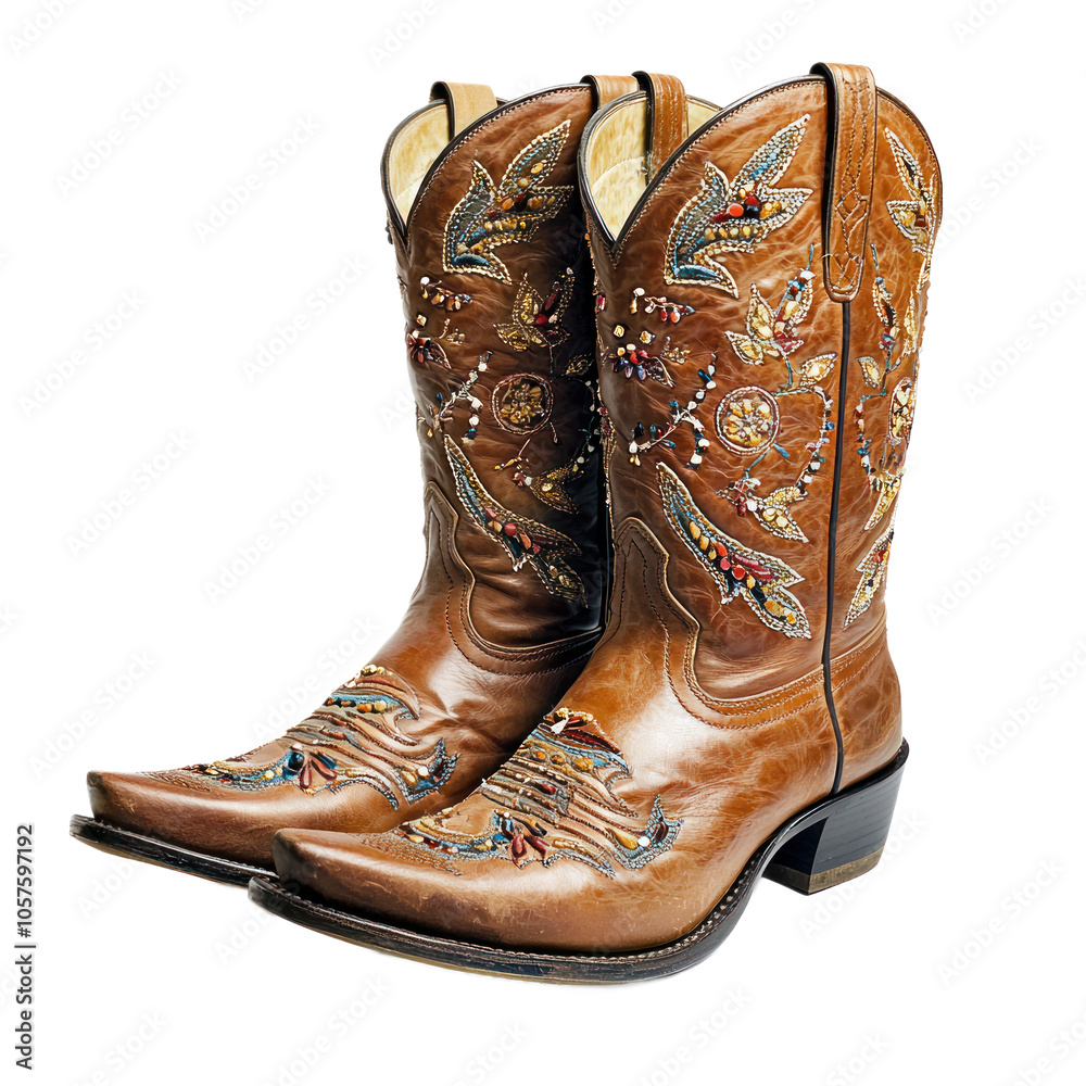 Western-style cowboy boots with a high shaft and decorative embroidery. isolated on transparency background Western-style cowboy boots with a high shaft and decorative embroidery. isolated on transparency background
