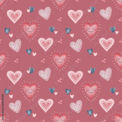 Seamless pattern on the valentines day theme with hand drawn watercolor hearts of different types - with a cute face, filled with the letters XOXO, three-layer, single pink, blue and blue striped