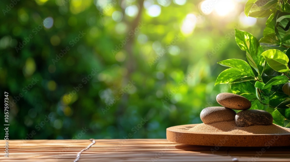 A serene composition featuring smooth stones on a wooden surface, surrounded by vibrant greenery and soft sunlight, evoking tranquility and balance.