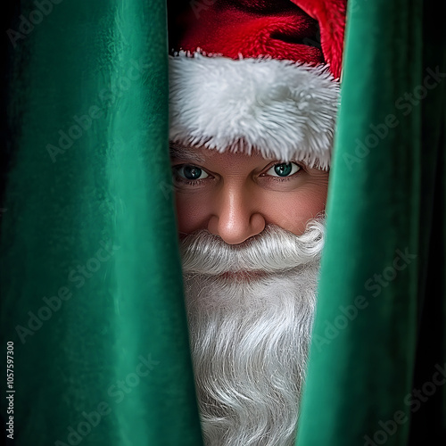 Portrait of a Santa Claus behind the green curtain. Merry Christmas.