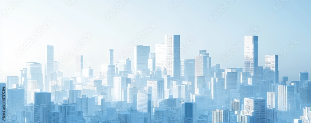 Serene cityscape with skyscrapers emerging through morning mist, illustrating urban development and modern architecture in a tranquil setting. Serene cityscape with skyscrapers emerging through morning mist, illustrating urban development and modern architecture in a tranquil setting.