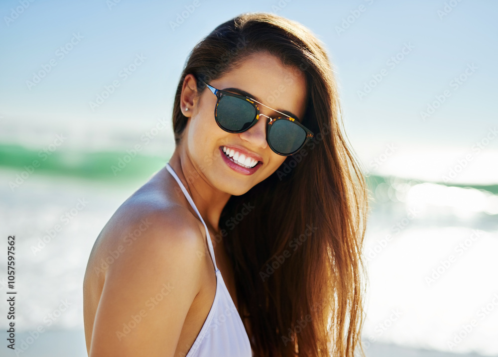 Young woman, portrait and beach with sunglasses, holiday and bikini on spring break with travel. Vacation, happy and Mediterranean sea with trip, outdoor and ocean with female person from Italy Young woman, portrait and beach with sunglasses, holiday and bikini on spring break with travel. Vacation, happy and Mediterranean sea with trip, outdoor and ocean with female person from Italy