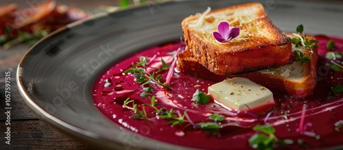 The Thick Beet Soup With Cream And Toast With Butter Selective Focus