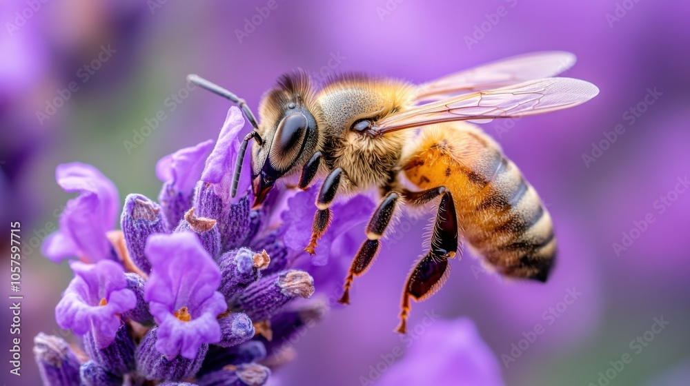 Bee gathering nectar on lavender, close-up macro shot, beautiful purple petals, detailed wings, pollination, summer garden scene, delicate and natural beauty Bee gathering nectar on lavender, close-up macro shot, beautiful purple petals, detailed wings, pollination, summer garden scene, delicate and natural beauty