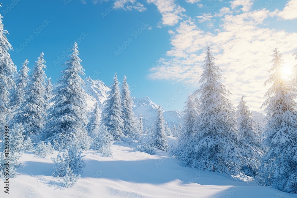 Fototapeta premium Winter snow covered fir trees on mountainside on blue sky with sun shine background Winter