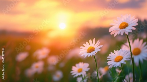Daisies in a vibrant field during sunset