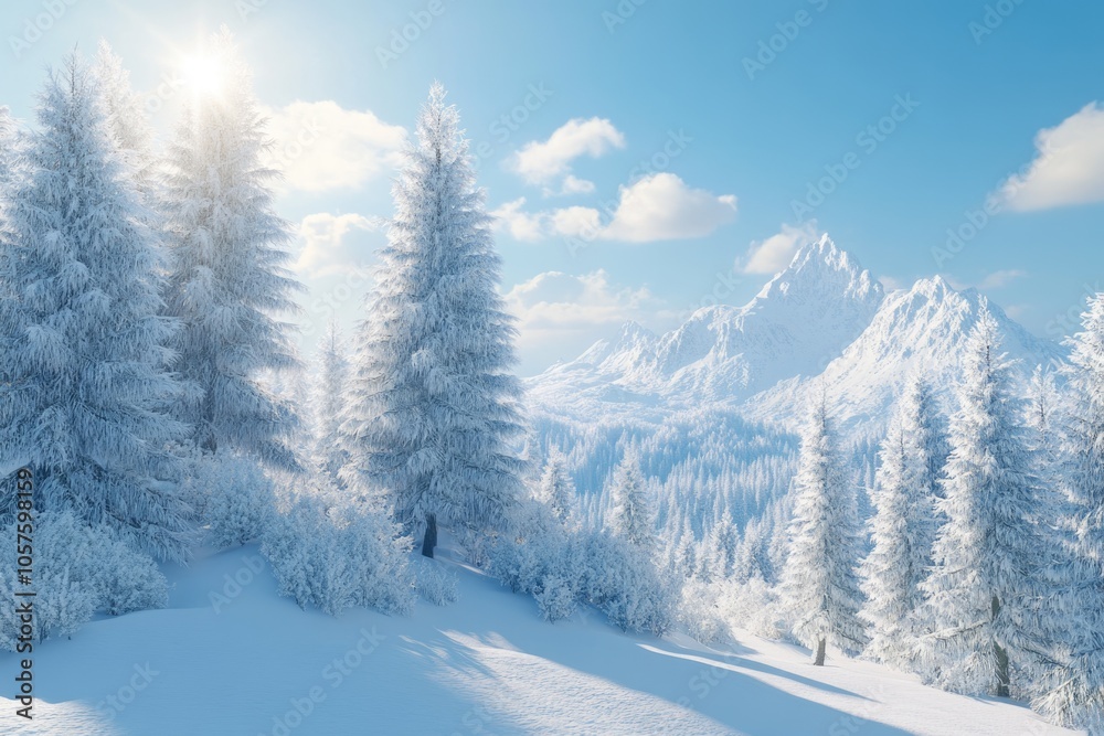 Winter snow covered fir trees on mountainside on blue sky with sun shine background Winter Winter snow covered fir trees on mountainside on blue sky with sun shine background Winter