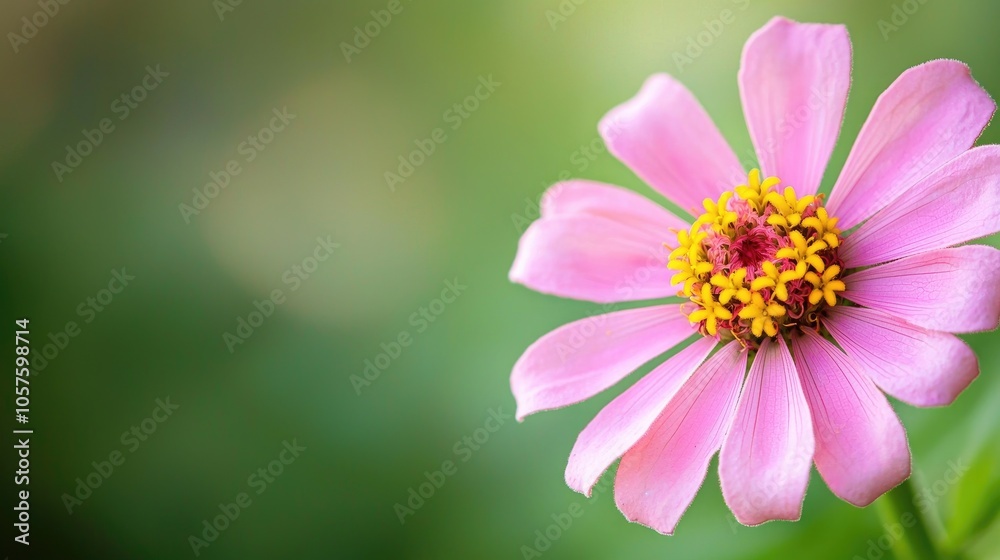 Fototapeta premium Horizontal Photo Of Pink Bloom With Yellow Pistils Flower Zinnia On Green Background Single Bloom Captured In The Garden Detail Of The Center
