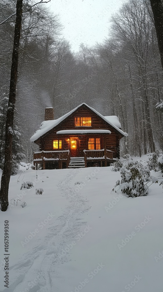A glowing wooden cabin nestled among snow covered trees with a path leading up to its warm entrance . A glowing wooden cabin nestled among snow covered trees with a path leading up to its warm entrance .