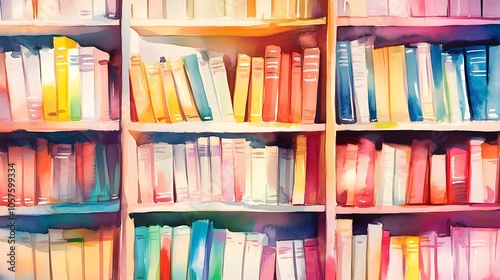 Watercolor Artistic using soft, brushy watercolor strokes, Soft Color, Single object picture - a tall wooden bookshelf filled with colorful books