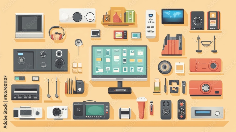 Electronics and gadgets arranged neatly on a wall in flat lay style Electronics and gadgets arranged neatly on a wall in flat lay style