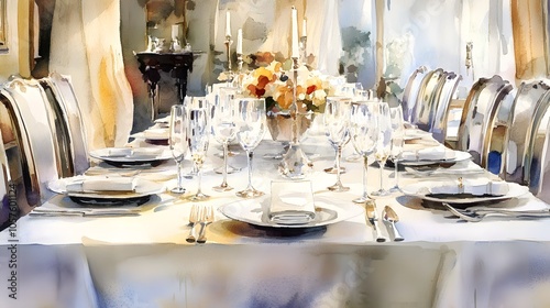 Watercolor Artistic using soft, brushy watercolor strokes, Soft Color, Single object picture - a large dining table with elegant place settings