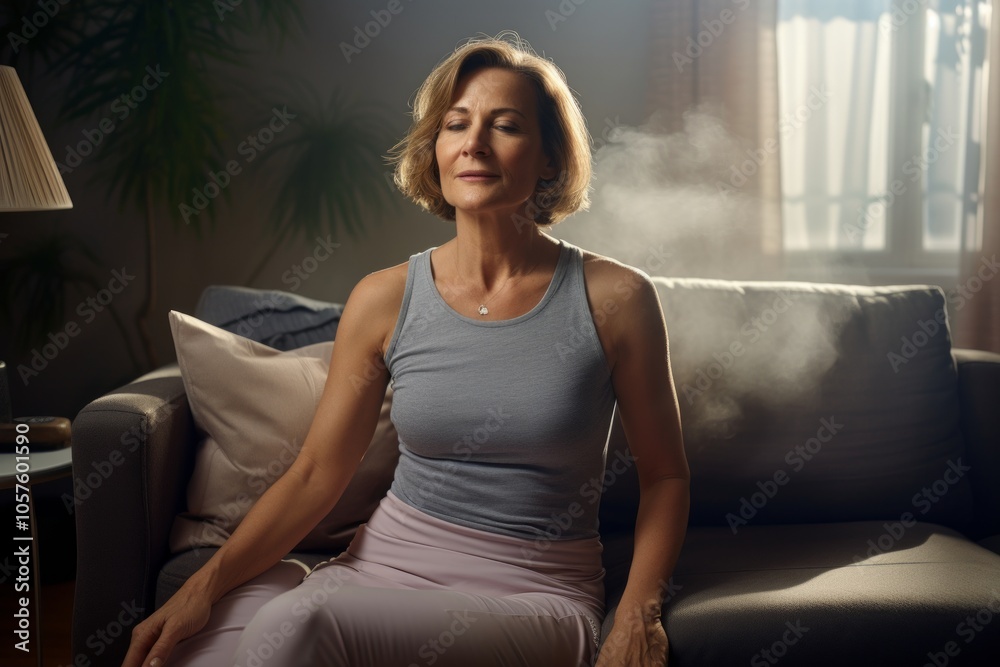 Portrait of a jovial woman in her 50s dressed in a breathable mesh vest on crisp minimalistic living room Portrait of a jovial woman in her 50s dressed in a breathable mesh vest on crisp minimalistic living room