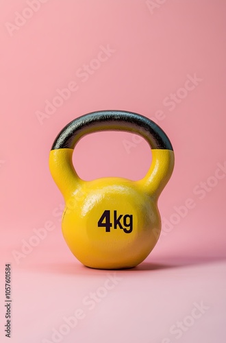 Yellow kettlebell labelled 4kg. Sport, training, athletics. Background, banner, poster. photo