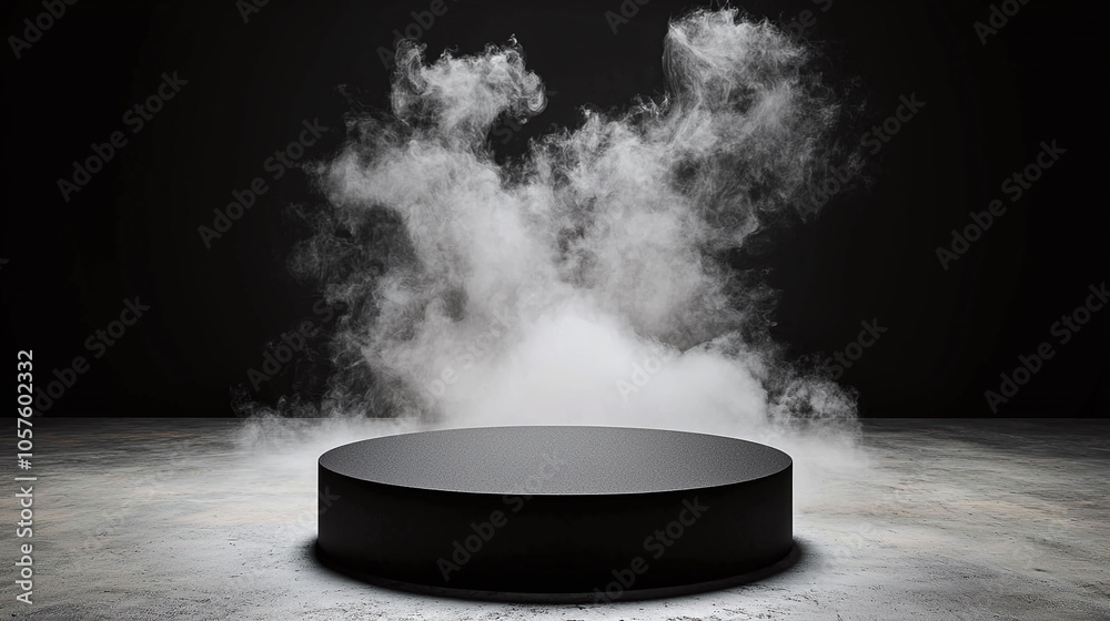 black podium surrounded by dark smoke on textured surface black podium surrounded by dark smoke on textured surface