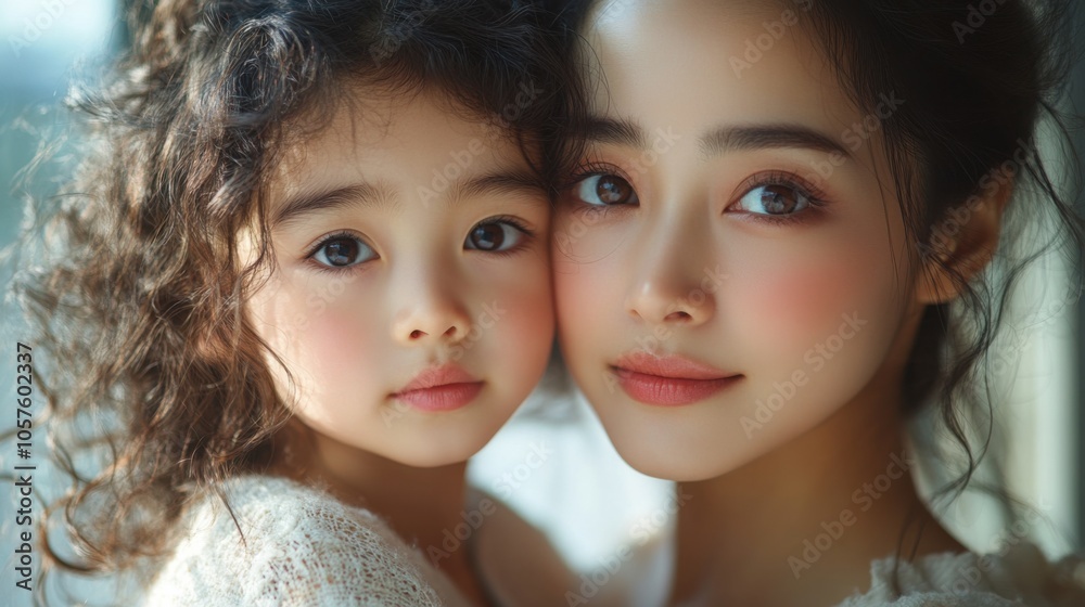 Mother and daughter close-up, happy family bonding, smiling faces, affectionate moment, parent-child relationship, beautiful warm lighting, natural beauty, love and connection Mother and daughter close-up, happy family bonding, smiling faces, affectionate moment, parent-child relationship, beautiful warm lighting, natural beauty, love and connection
