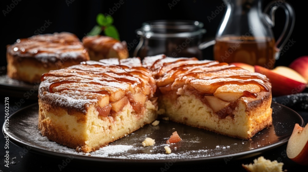 A slice of apple cake with caramel sauce and powdered sugar, served on a dark plate with apple slices in the background A slice of apple cake with caramel sauce and powdered sugar, served on a dark plate with apple slices in the background