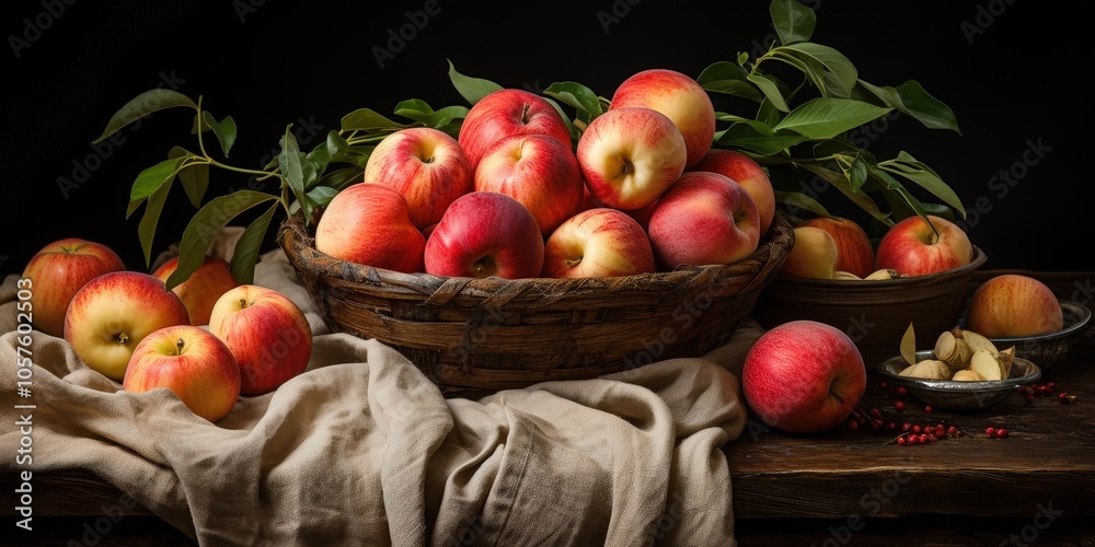 A Rustic Still Life Featuring Fresh Fruit in a Woven Basket, Set Against a Dark Background and Adorned with Lush Green Foliage A Rustic Still Life Featuring Fresh Fruit in a Woven Basket, Set Against a Dark Background and Adorned with Lush Green Foliage