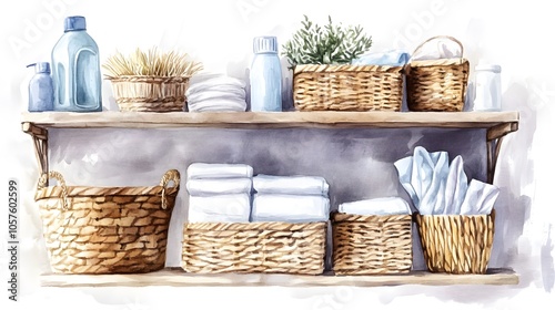Watercolor Artistic using soft, brushy watercolor strokes, Soft Color, Single object picture - a set of laundry room storage shelves with baskets
