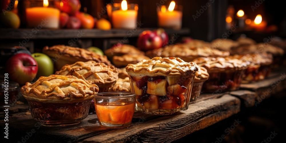 A rustic table setting with rows of homemade apple pies, illuminated by candlelight and accompanied by a glass of amber liquid. A rustic table setting with rows of homemade apple pies, illuminated by candlelight and accompanied by a glass of amber liquid.