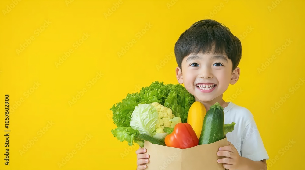 A cheerful child holding a paper bag filled with fresh vegetables against a vibrant yellow background A cheerful child holding a paper bag filled with fresh vegetables against a vibrant yellow background