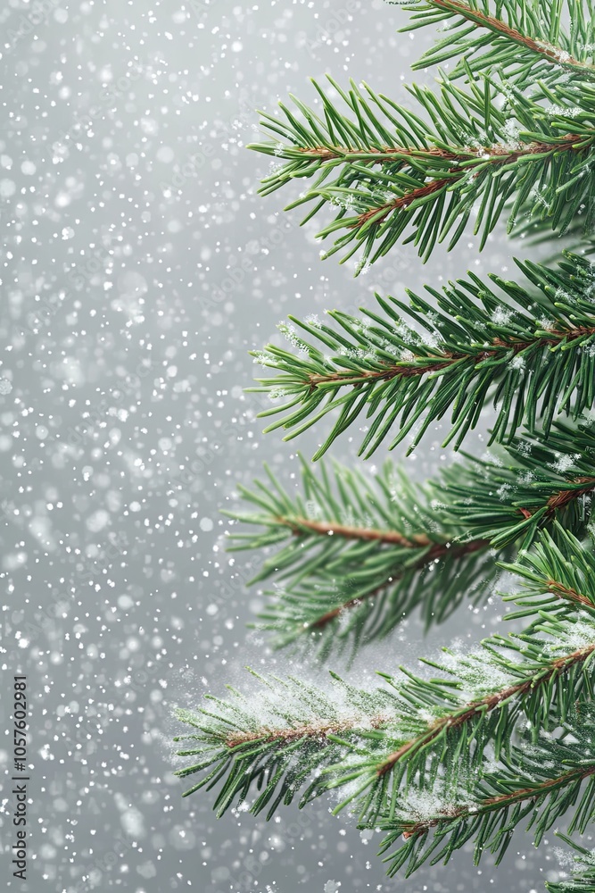 Close-up of green pine tree branches with snow falling. Wintery background, banner, poster, wallpaper. Close-up of green pine tree branches with snow falling. Wintery background, banner, poster, wallpaper.